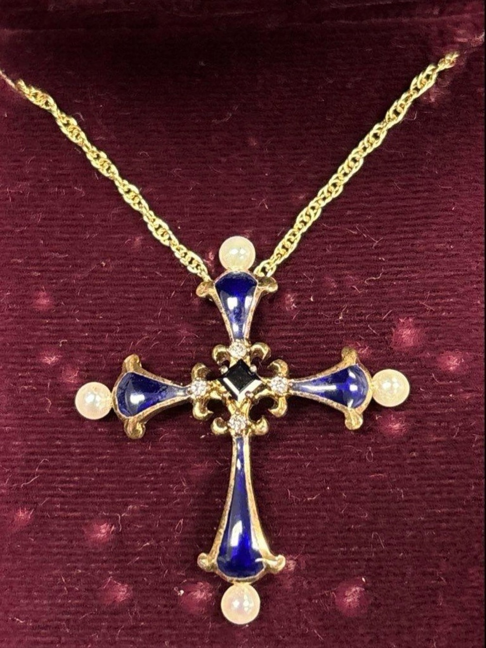 Faberge 14K Gold Sapphire Cross Pendant Necklace
